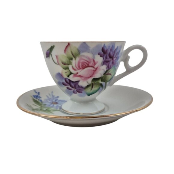 Lefton Teacup Saucer Set Japan Hand Painted Floral 4671 Gold Trim Vintage - Picture 4 of 10